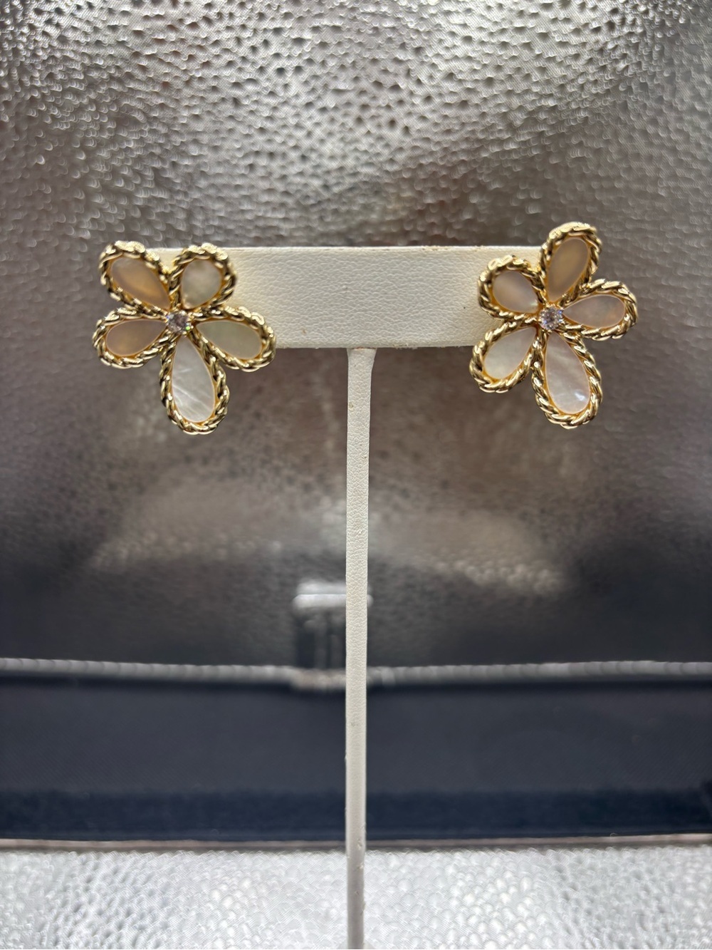 Gold Floral Petal Stud Earrings with Cream Inlay
